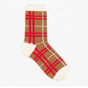 HANSEL FROM BASEL WOMENS BOUCLE PLAID CREW SOCKS CAMEL/RED OS NWOT
